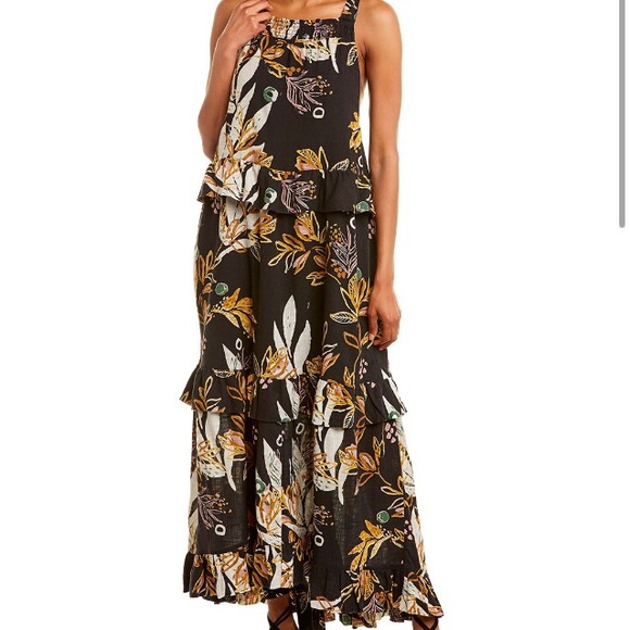 Free People Dresses & Skirts - Free People Black Floral Maxi Dress with Yellow & Cream Accents